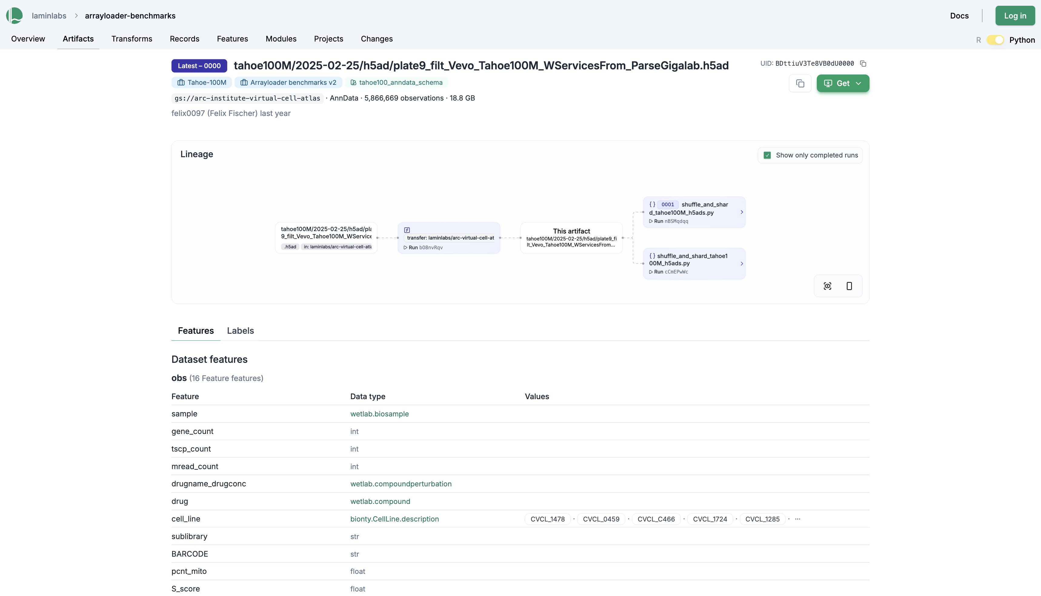 LaminHub example of lineage-aware syncing of Tahoe-100M datasets