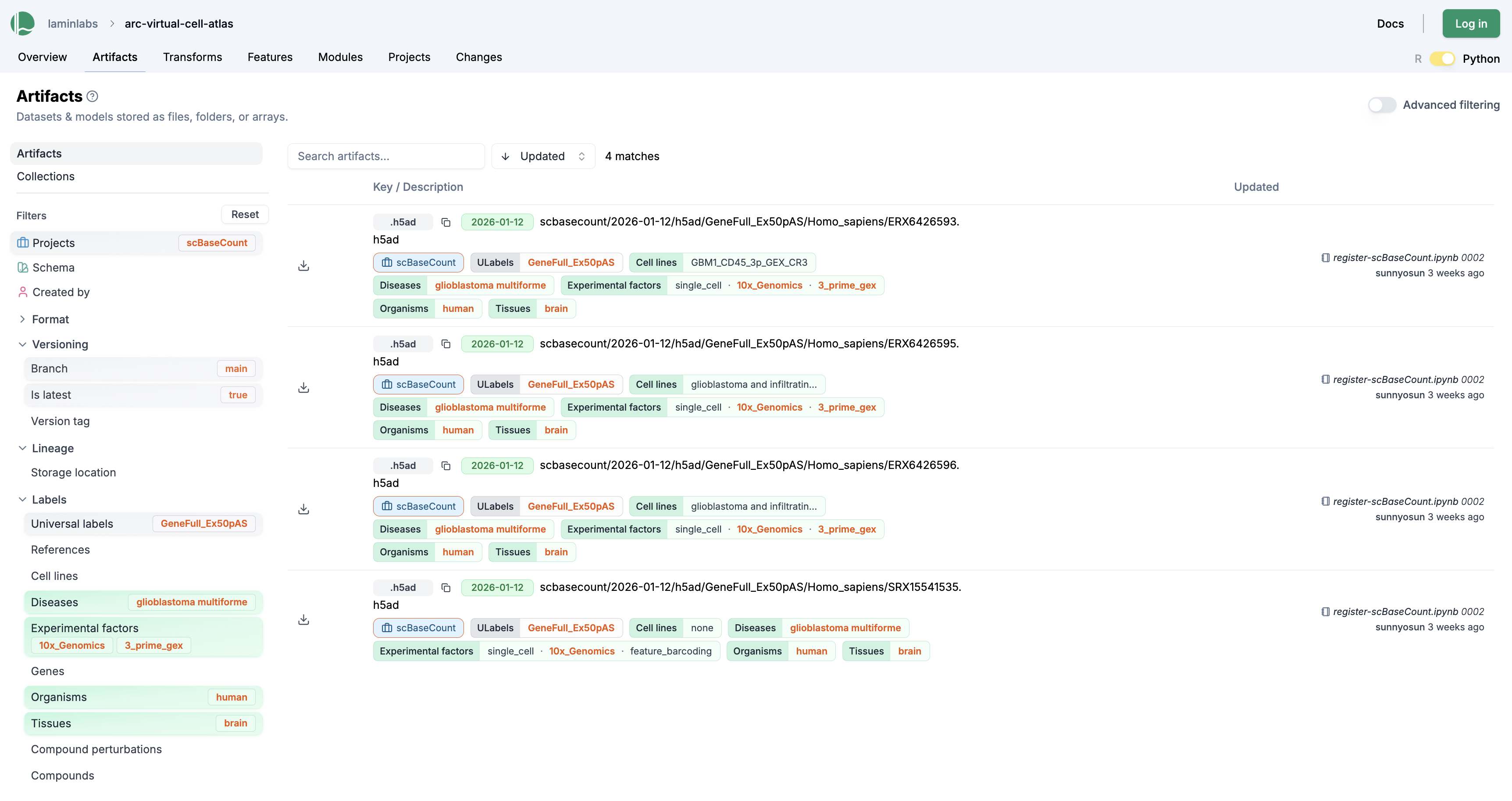 LaminHub artifacts page filtered by organism and tissue metadata
